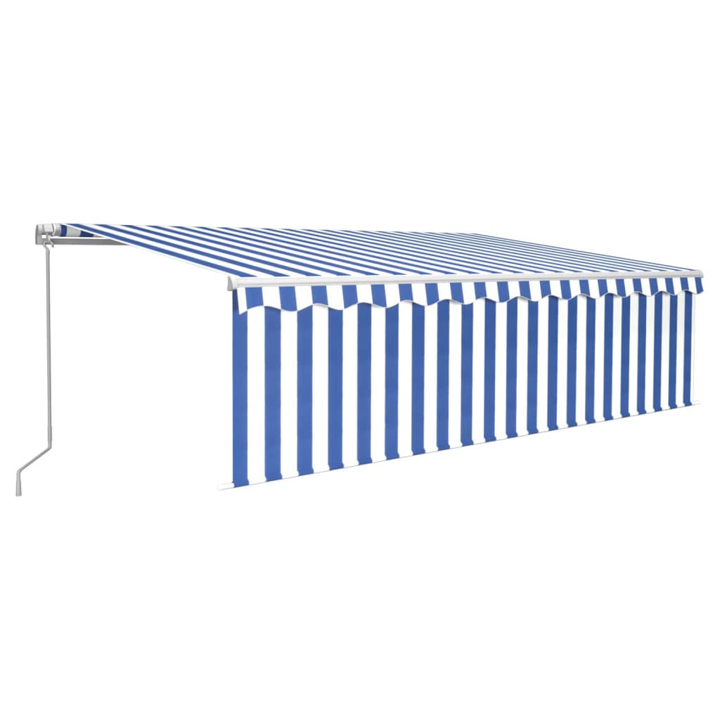 Copertină retractabilă manual cu stor&LED, albastru&alb, 5x3 m