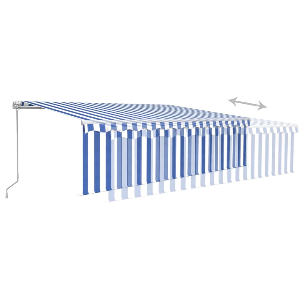 Copertină retractabilă manual cu stor&LED, albastru&alb, 5x3 m