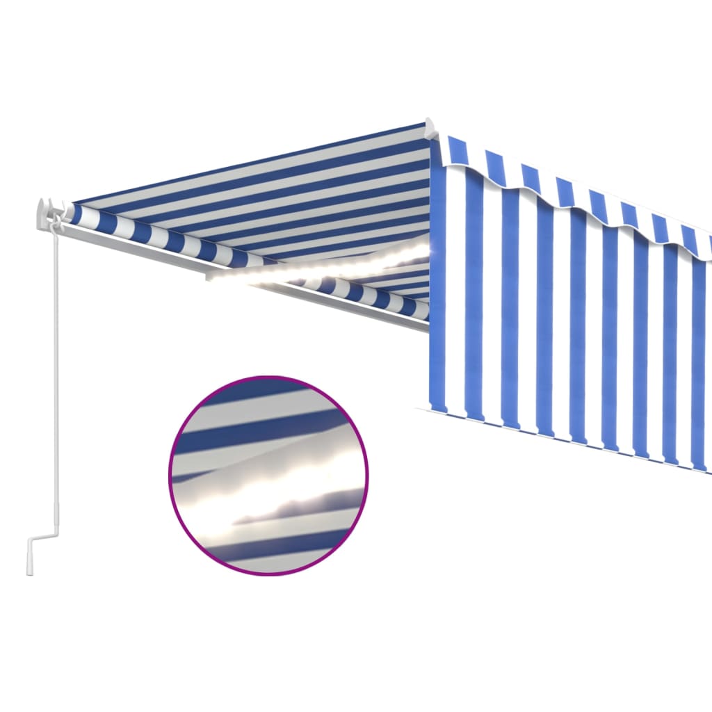 Copertină retractabilă manual cu stor&LED, albastru&alb, 5x3 m