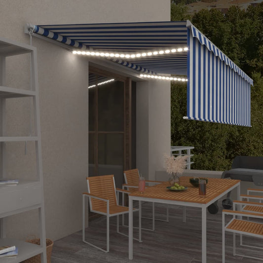 Copertină retractabilă manual cu stor&LED, albastru&alb, 5x3 m