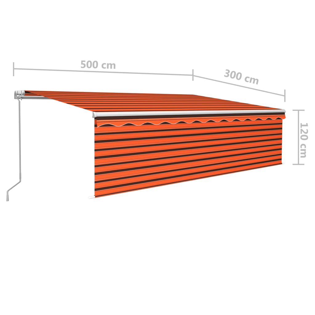 Copertină retractabilă manual cu stor&LED, portocaliu&maro 5x3m