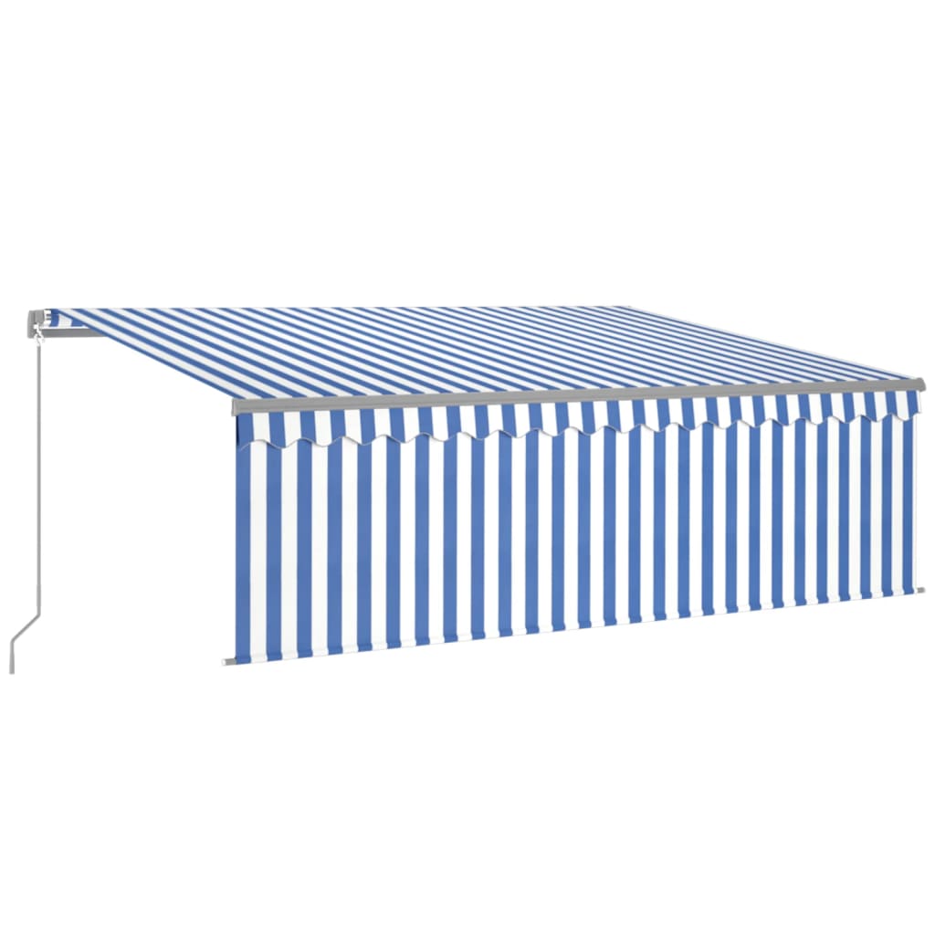 Copertină retractabilă manual cu stor&LED, albastru&alb, 4x3 m
