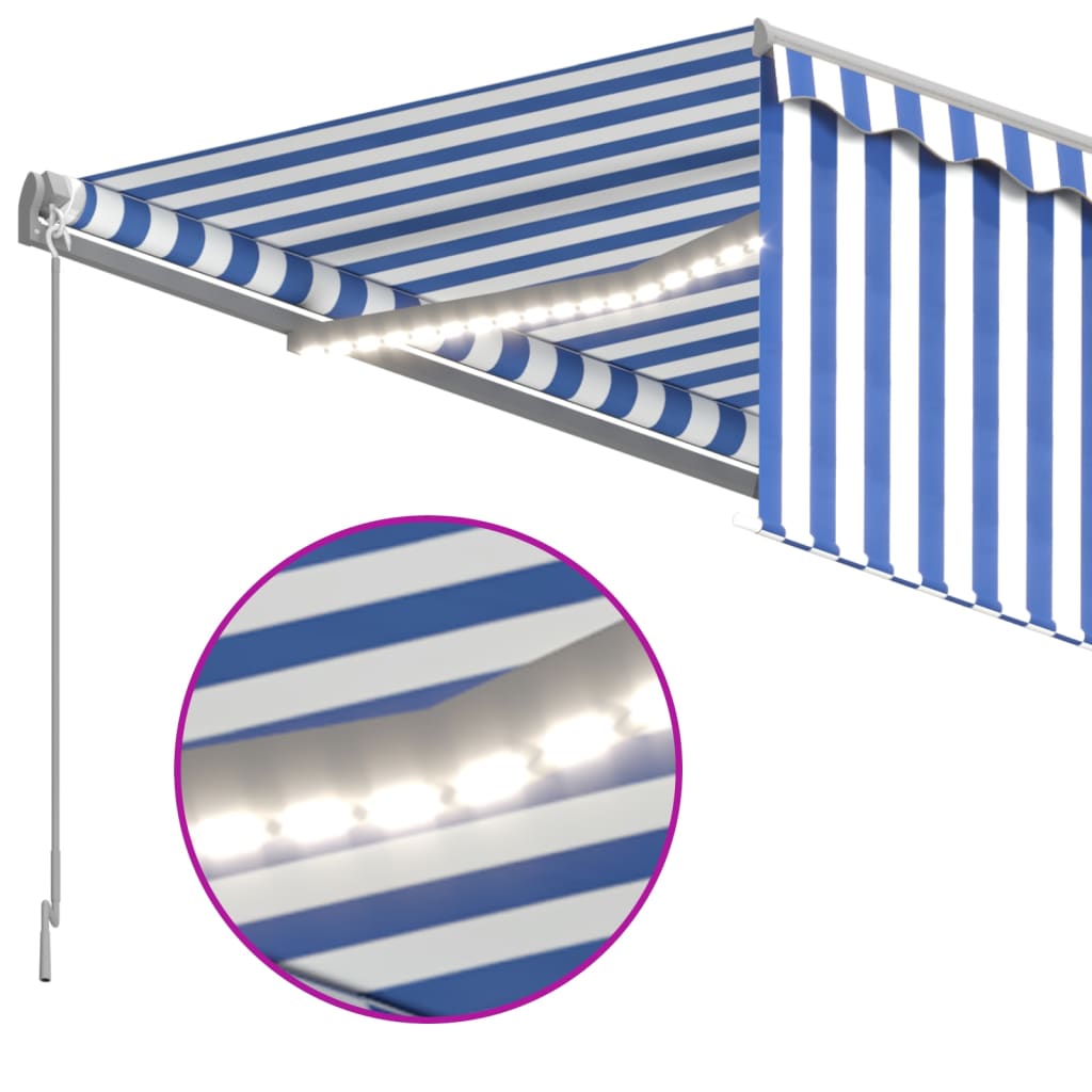 Copertină retractabilă manual cu stor&LED, albastru&alb, 4x3 m