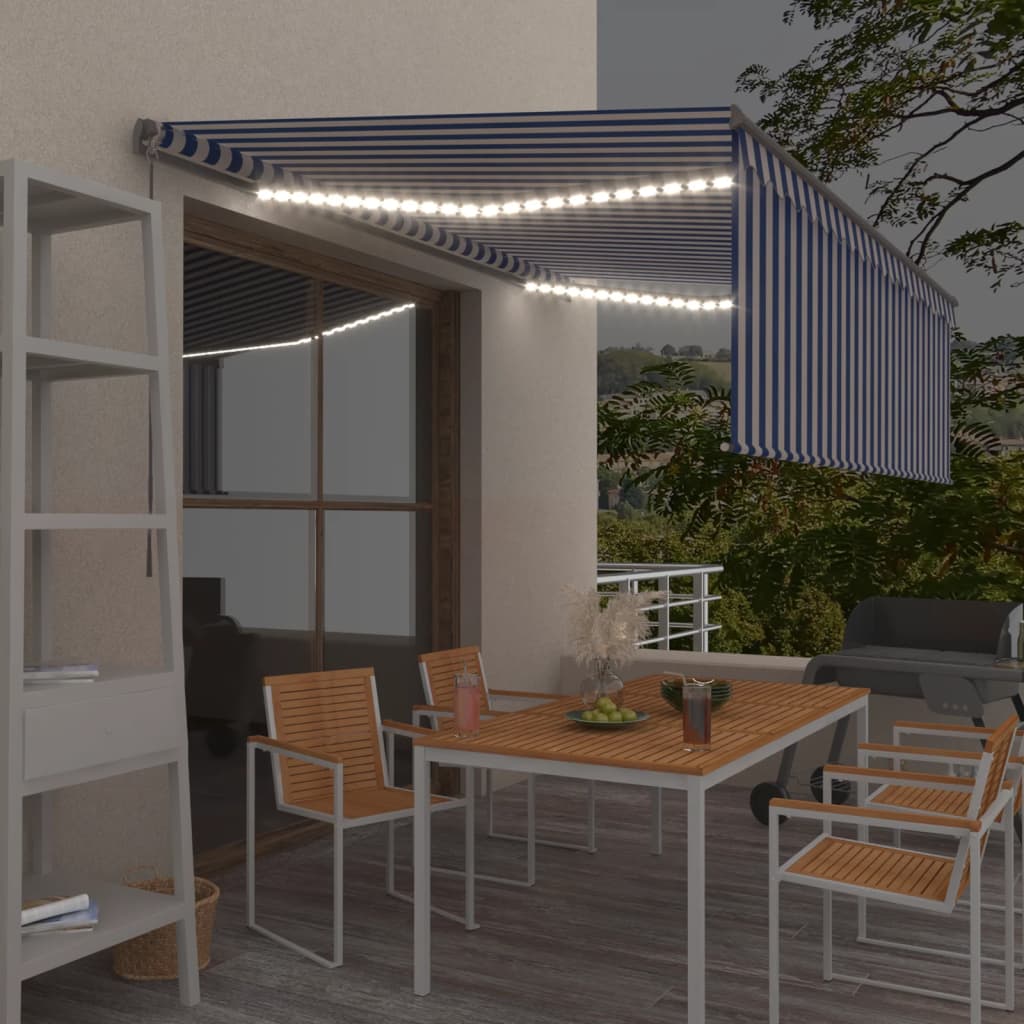 Copertină retractabilă manual cu stor&LED, albastru&alb, 4x3 m