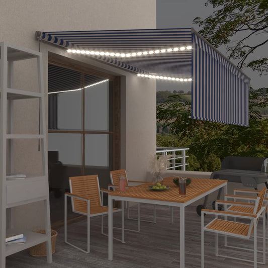 Copertină retractabilă manual cu stor&LED, albastru&alb, 4x3 m