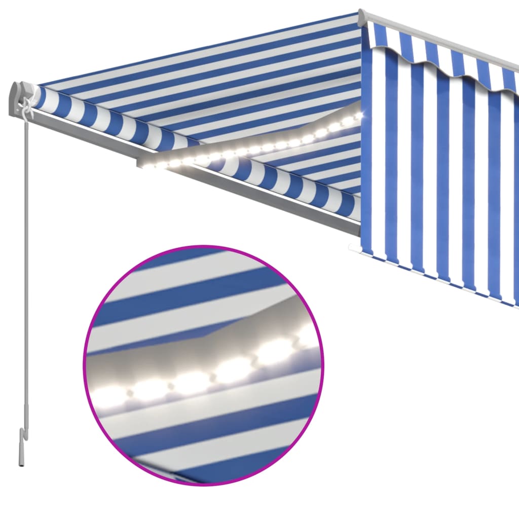 Copertină retractabilă manual cu stor&LED, albastru&alb, 4,5x3m