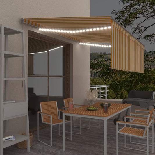 Copertină retractabilă manual cu stor&LED, galben&alb, 4,5x3 m
