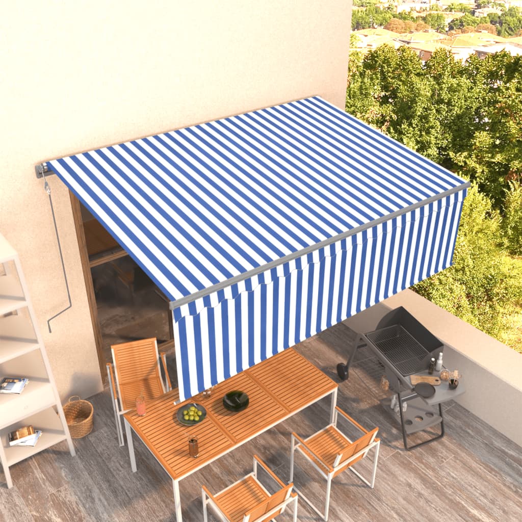 Copertină retractabilă automat cu stor, albastru&alb, 4,5x3 m