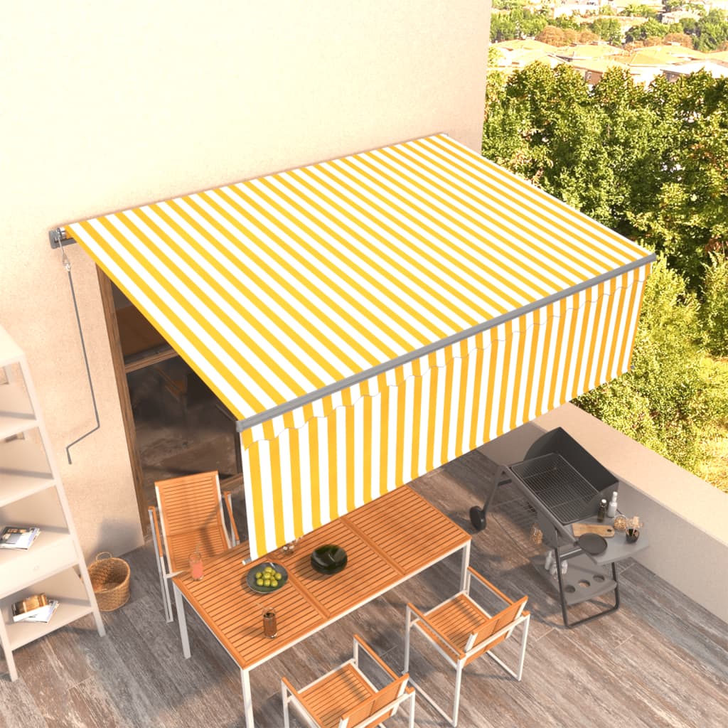 Copertină retractabilă automat cu stor, galben&alb, 4,5x3 m