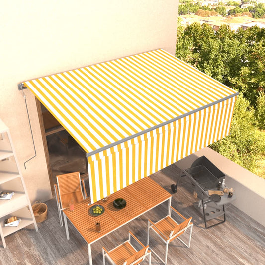 Copertină retractabilă automat cu stor, galben&alb, 4,5x3 m