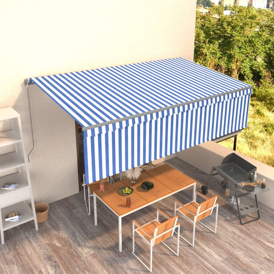 Copertină retractabilă manual cu stor, albastru&alb, 5x3 m