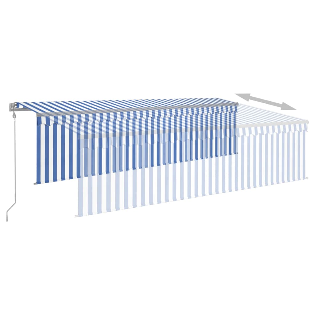 Copertină retractabilă automat cu stor, albastru&alb, 5x3 m