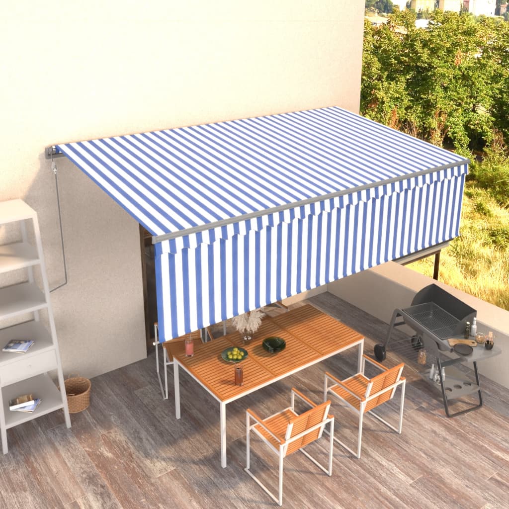 Copertină retractabilă automat cu stor, albastru&alb, 5x3 m