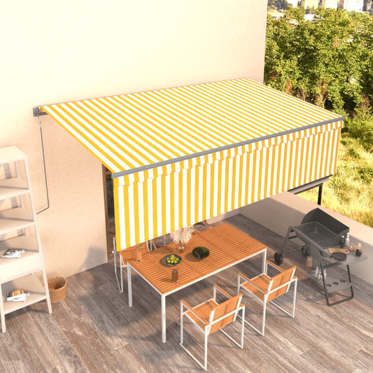 Copertină retractabilă manual cu stor, galben&alb, 5x3 m