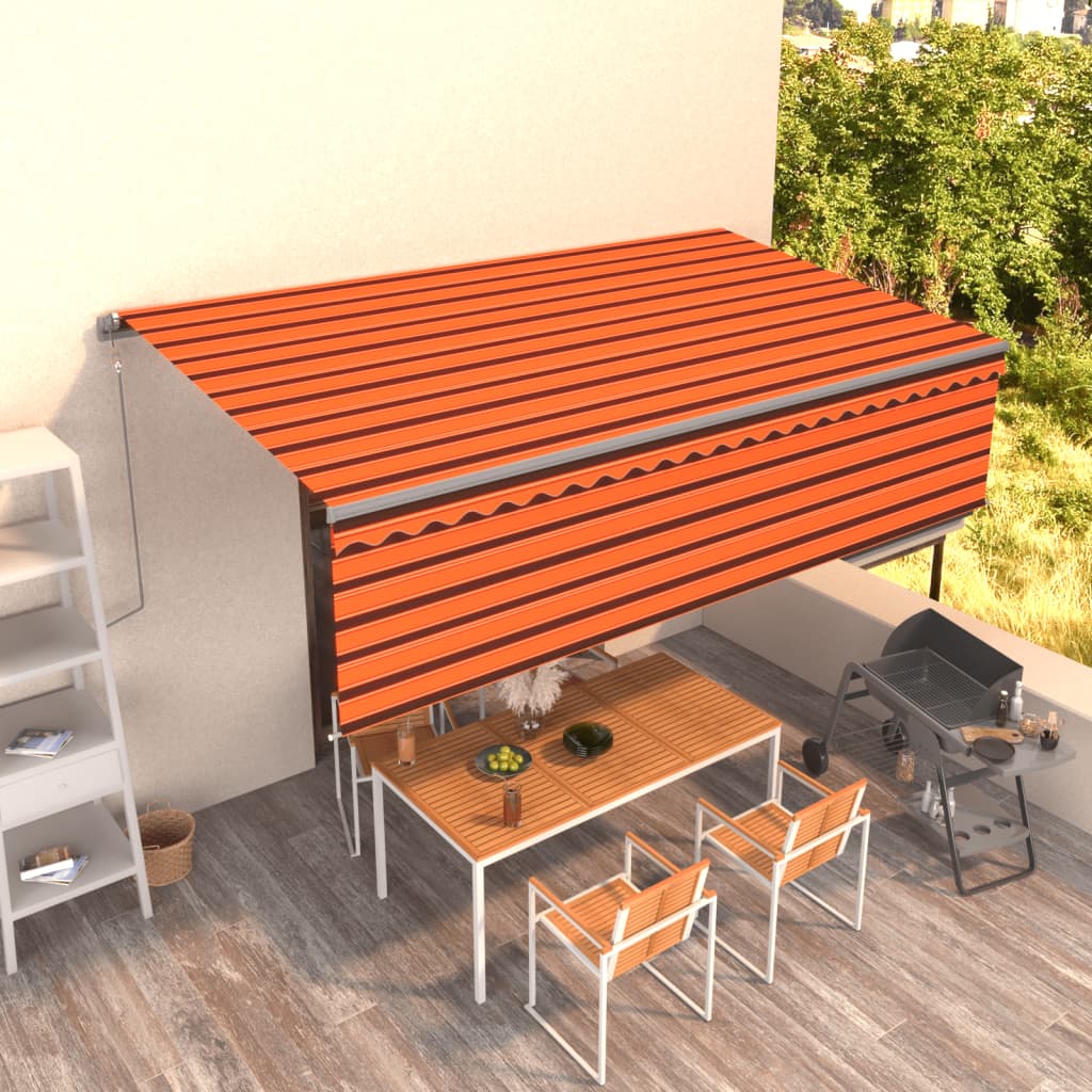 Copertină retractabilă automat cu stor, portocaliu&maro, 5x3 m