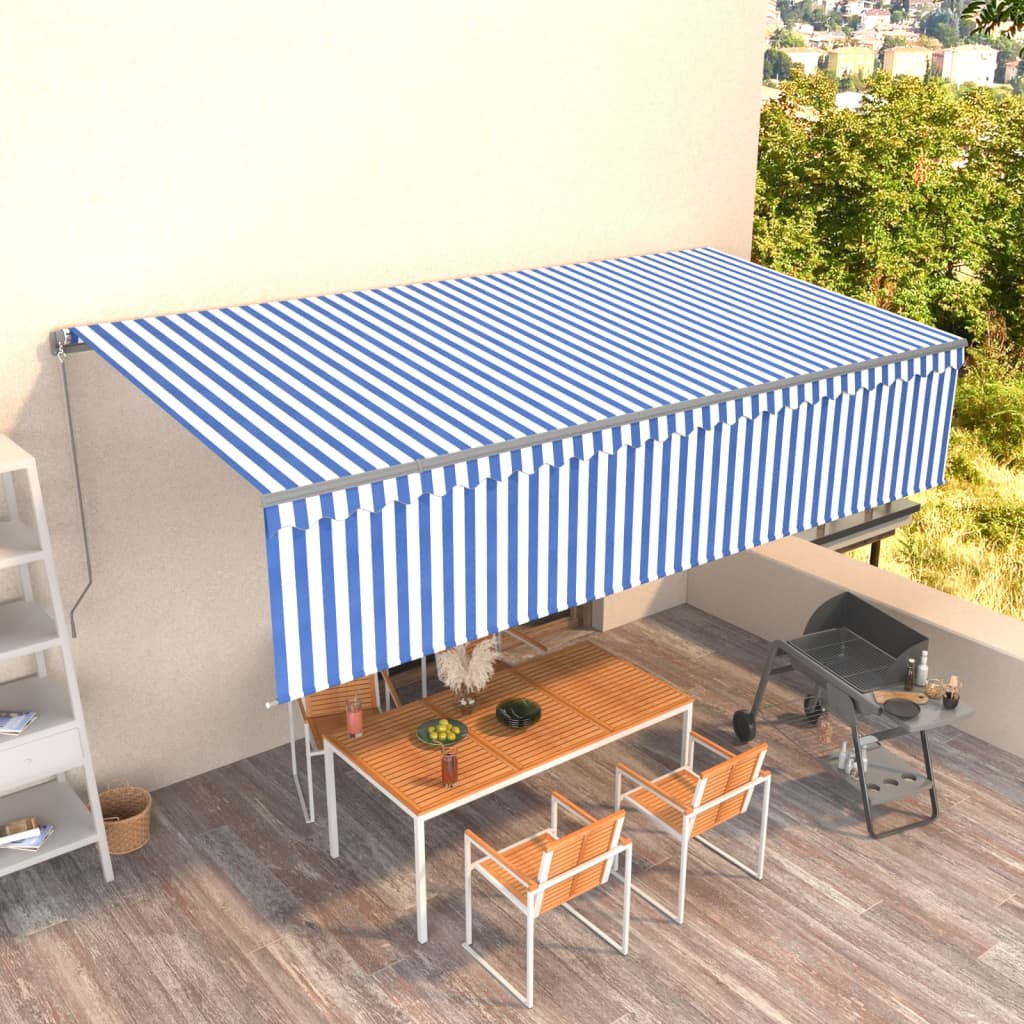 Copertină retractabilă manual cu stor, albastru&alb, 6x3 m