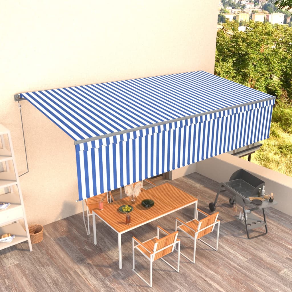 Copertină retractabilă automat cu stor, albastru&alb, 6x3 m