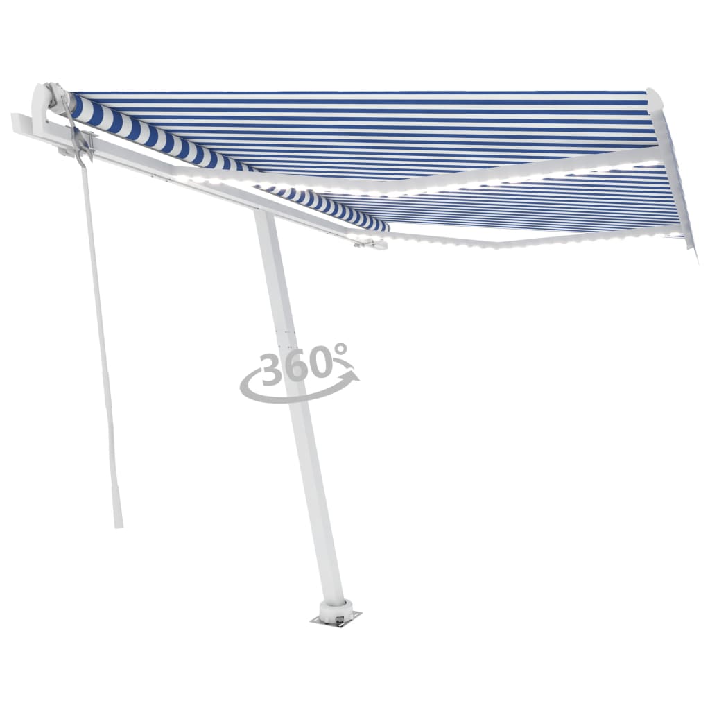 Copertină automată cu senzor vânt&LED, albastru/alb, 350x250 cm