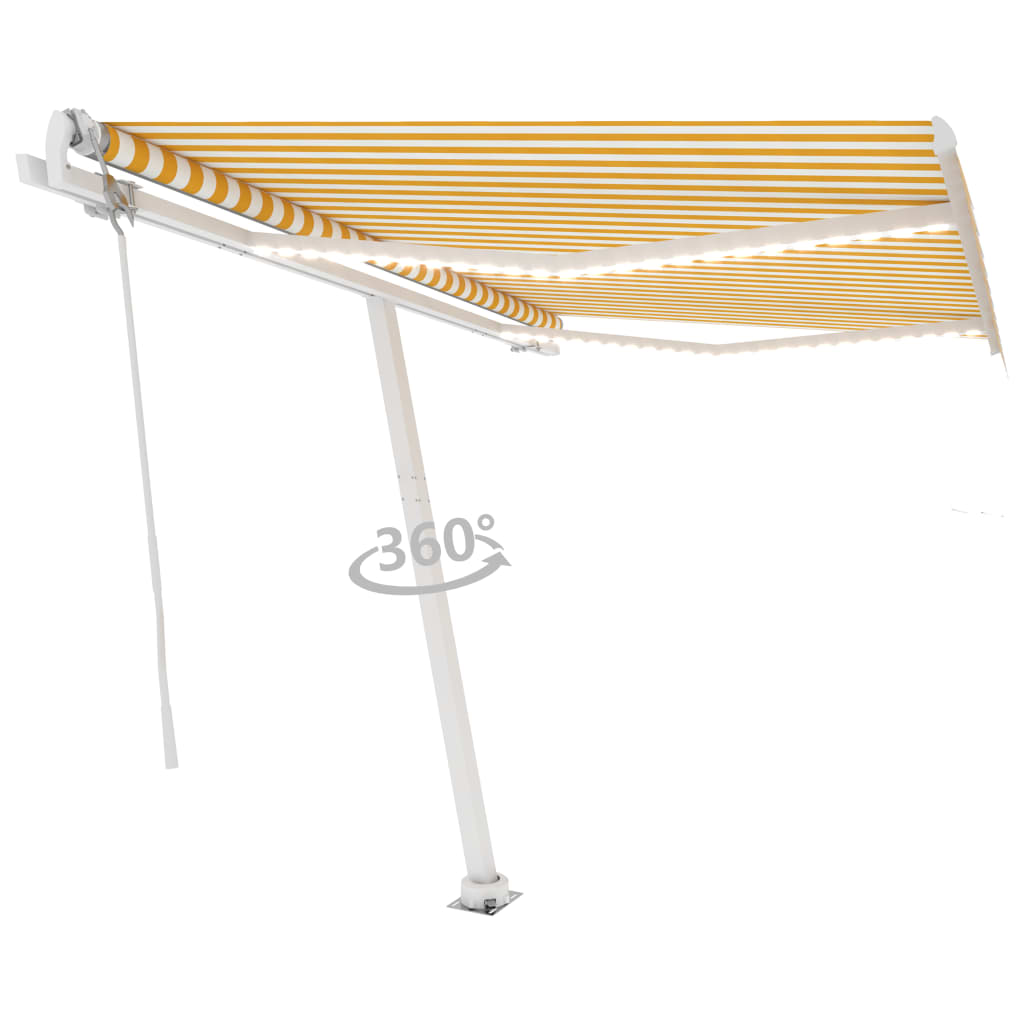 Copertină automată cu senzor vânt & LED, galben/alb, 350x250 cm