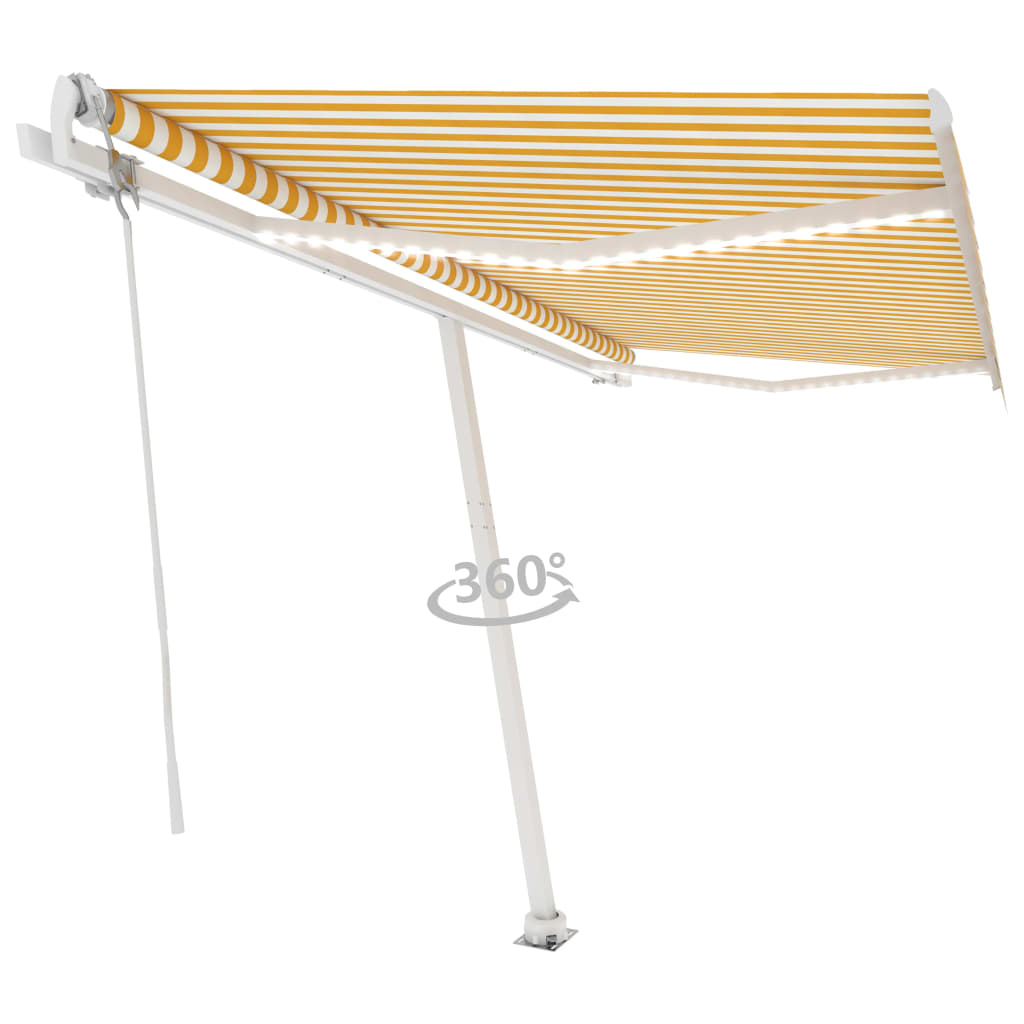 Copertină automată cu senzor vânt & LED, galben&alb, 400x300 cm