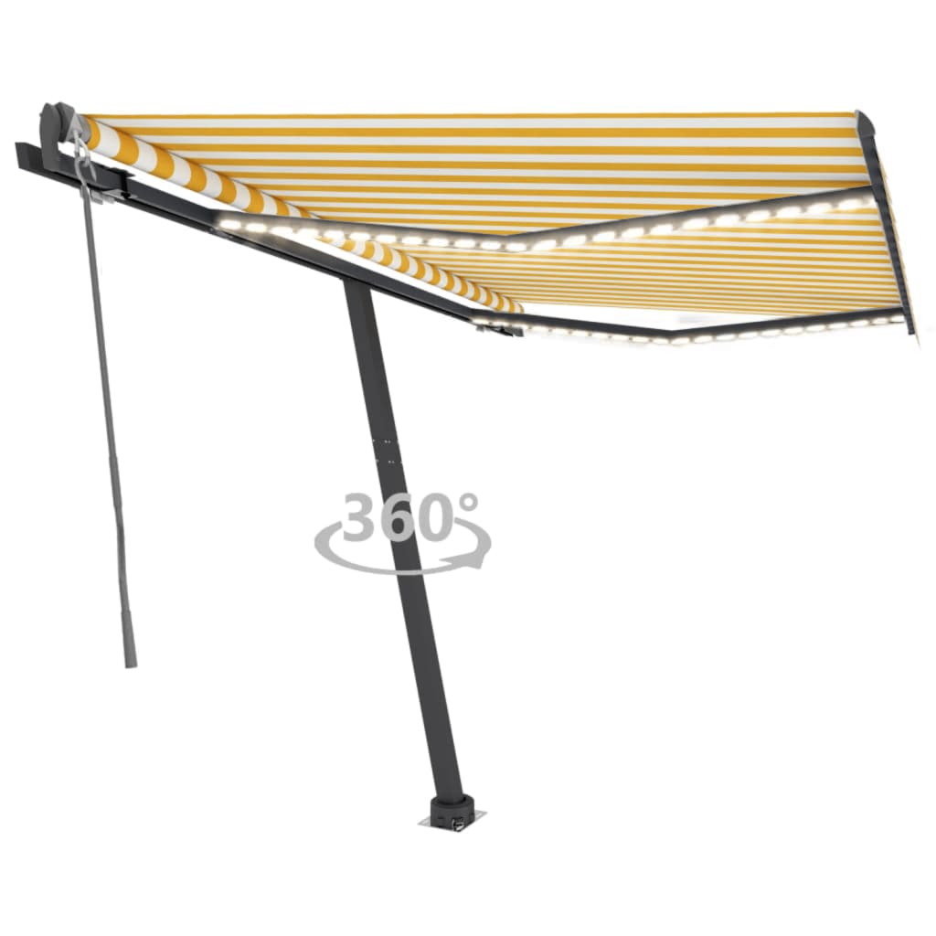 Copertină automată senzor vânt & LED, galben & alb, 300x250 cm