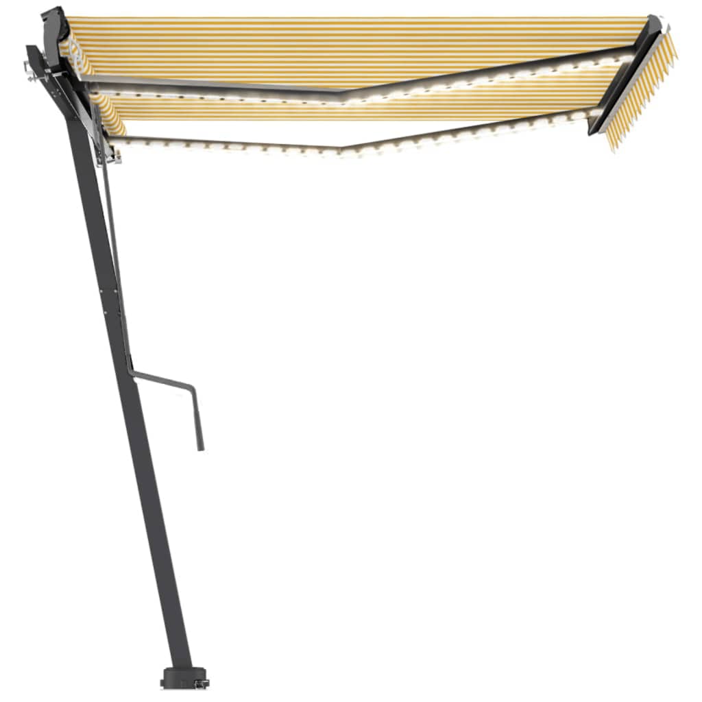 Copertină automată senzor vânt & LED, galben & alb, 300x250 cm