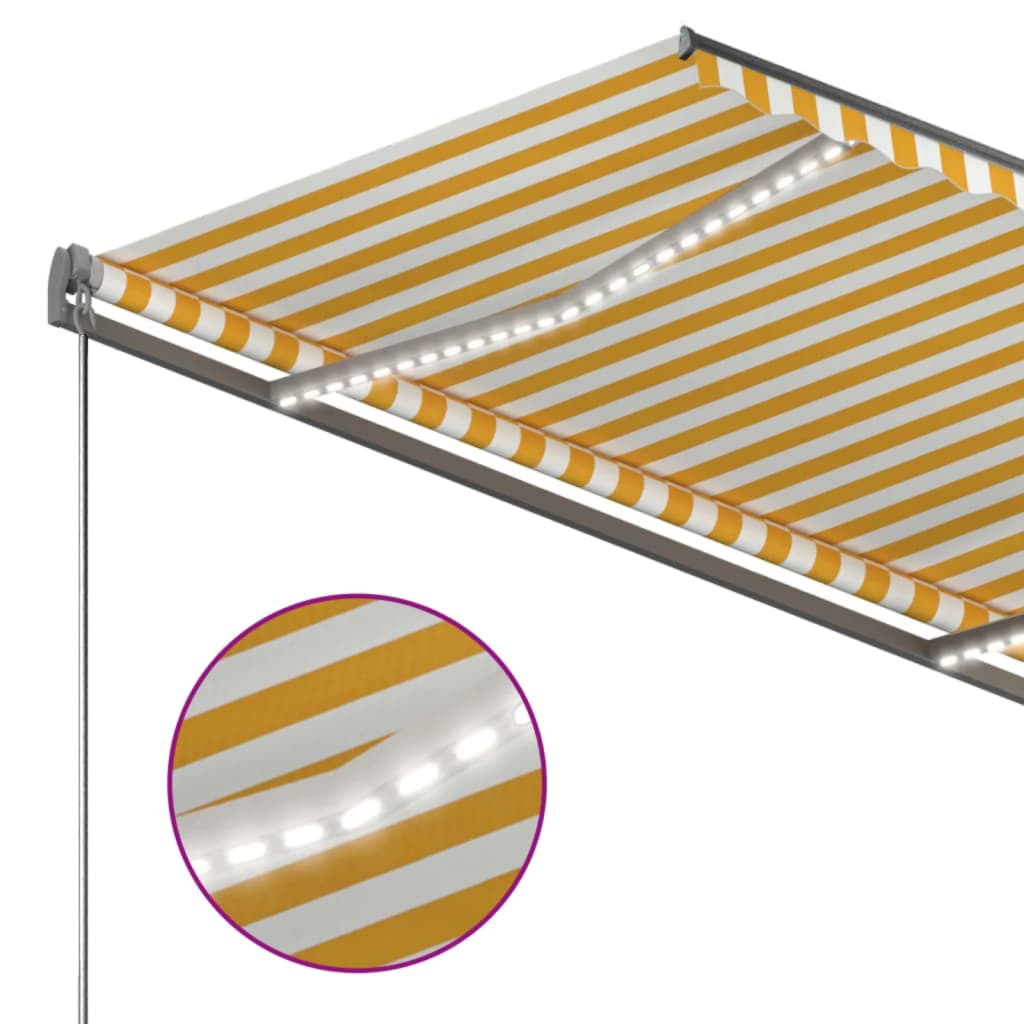 Copertină automată senzor vânt & LED, galben & alb, 300x250 cm