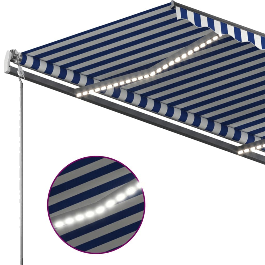 Copertină retractabilă manual cu LED, albastru&alb, 450x300 cm