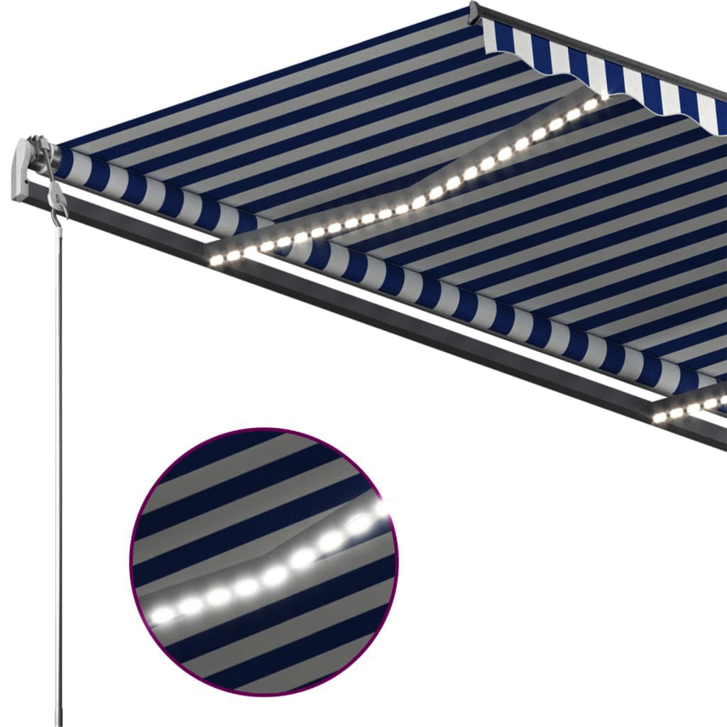 Copertină retractabilă manual cu LED, albastru&alb, 450x350 cm