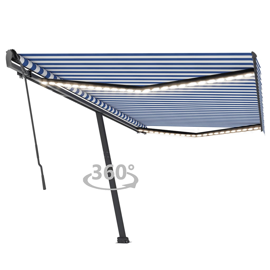Copertină retractabilă manual cu LED, albastru&alb, 500x350 cm