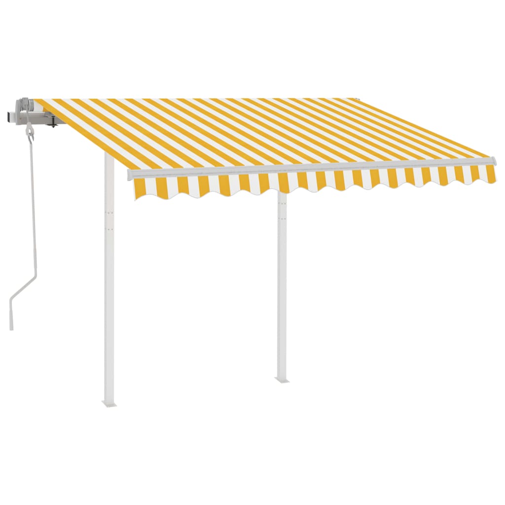 Copertină retractabilă manual cu stâlpi, galben/alb, 3x2,5 m