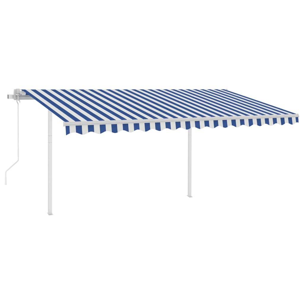 Copertină retractabilă automat, cu stâlpi, albastru&alb, 4x3 m