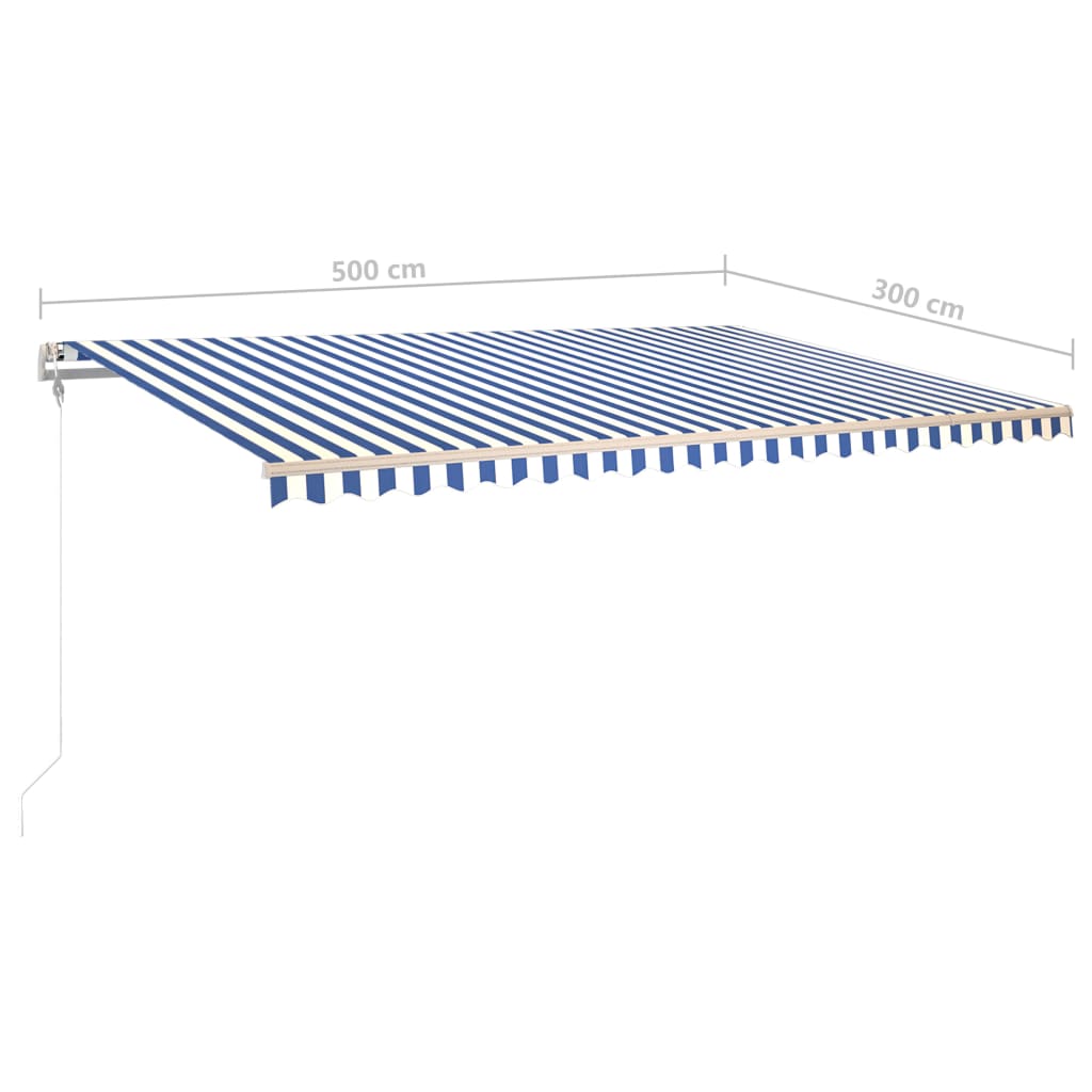 Copertină retractabilă manual, cu LED, albastru și alb, 5x3 m