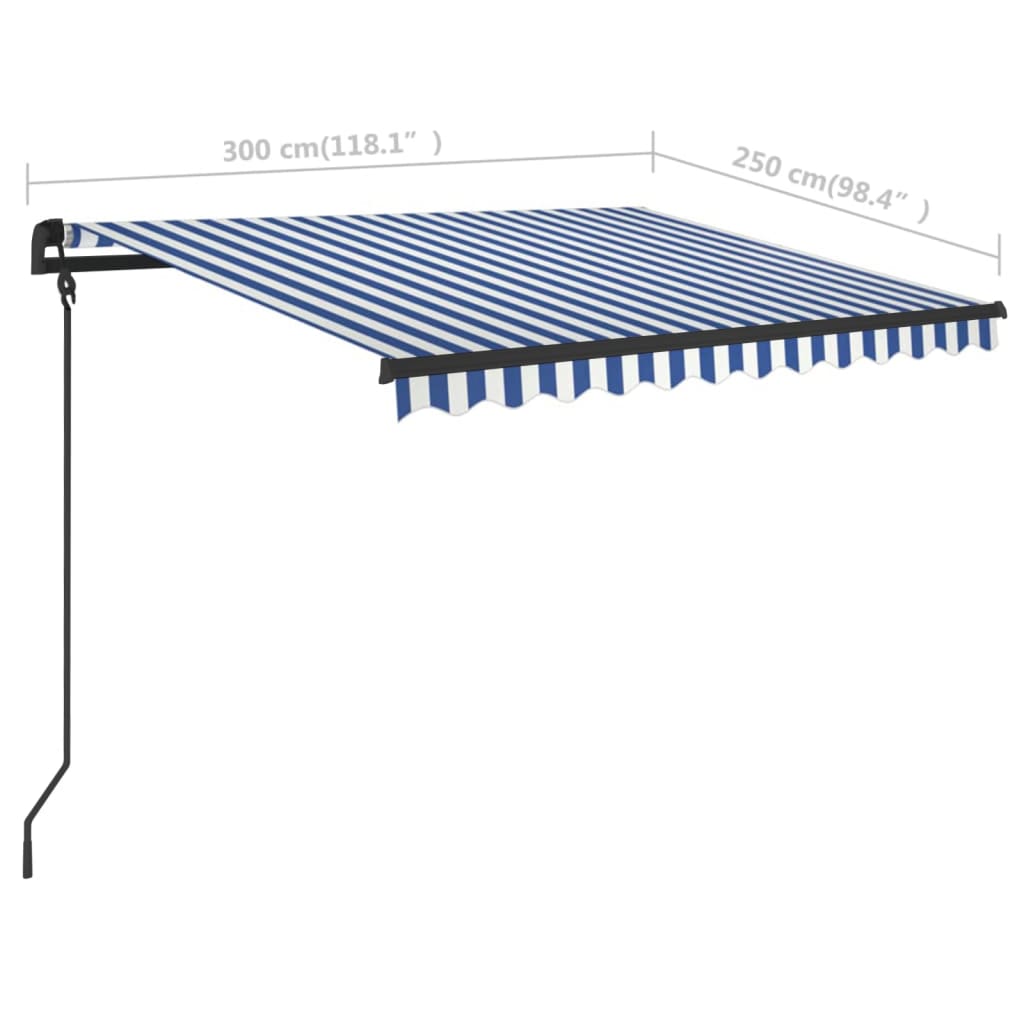 Copertină retractabilă manual cu LED, albastru&alb, 3x2,5 m