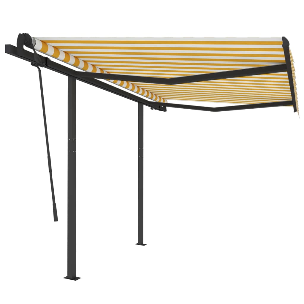 Copertină retractabilă automat cu stâlpi, galben&alb 3,5x2,5 m