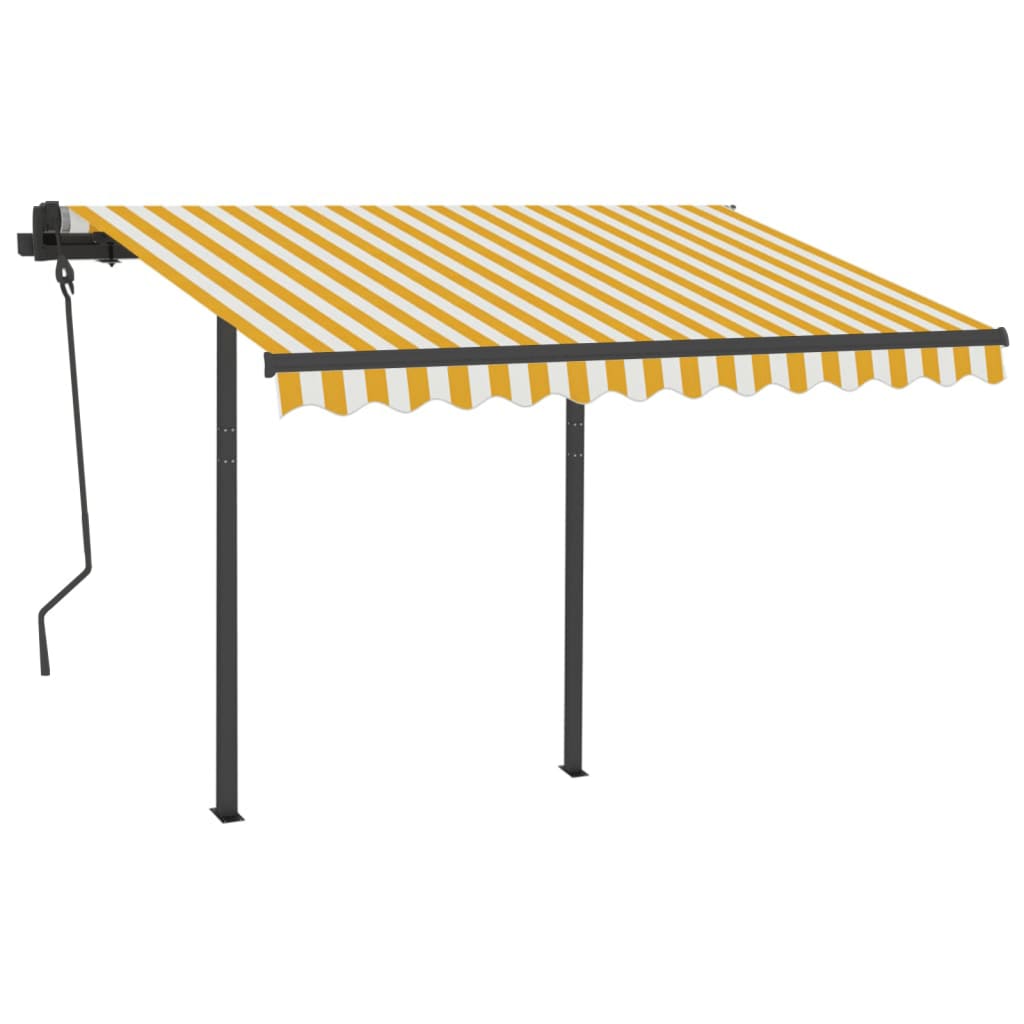 Copertină retractabilă automat cu stâlpi, galben&alb 3,5x2,5 m