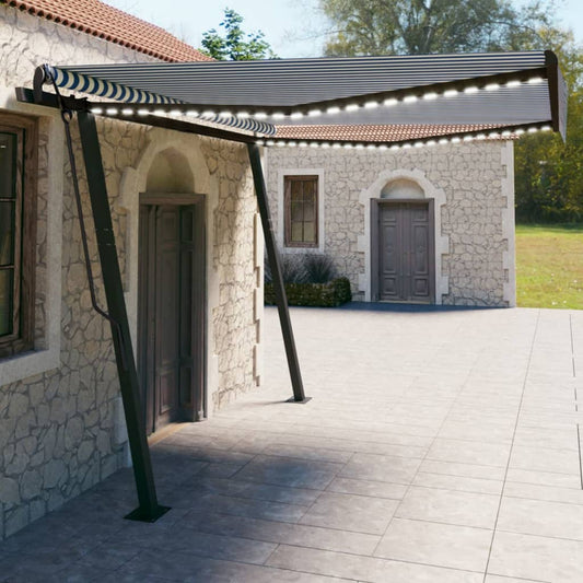 Copertină retractabilă manual, cu LED, albastru și alb, 4x3 m