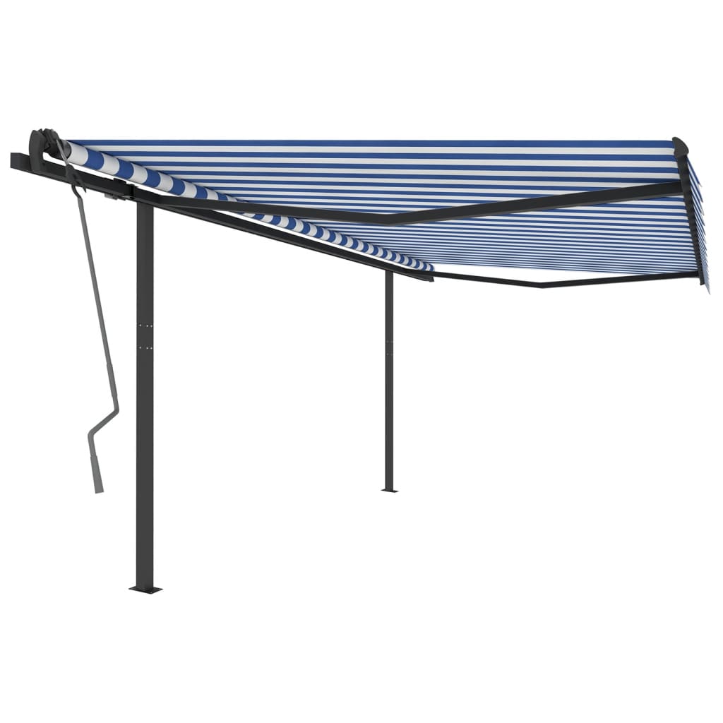 Copertină retractabilă automat, cu stâlpi albastru și alb 4x3 m
