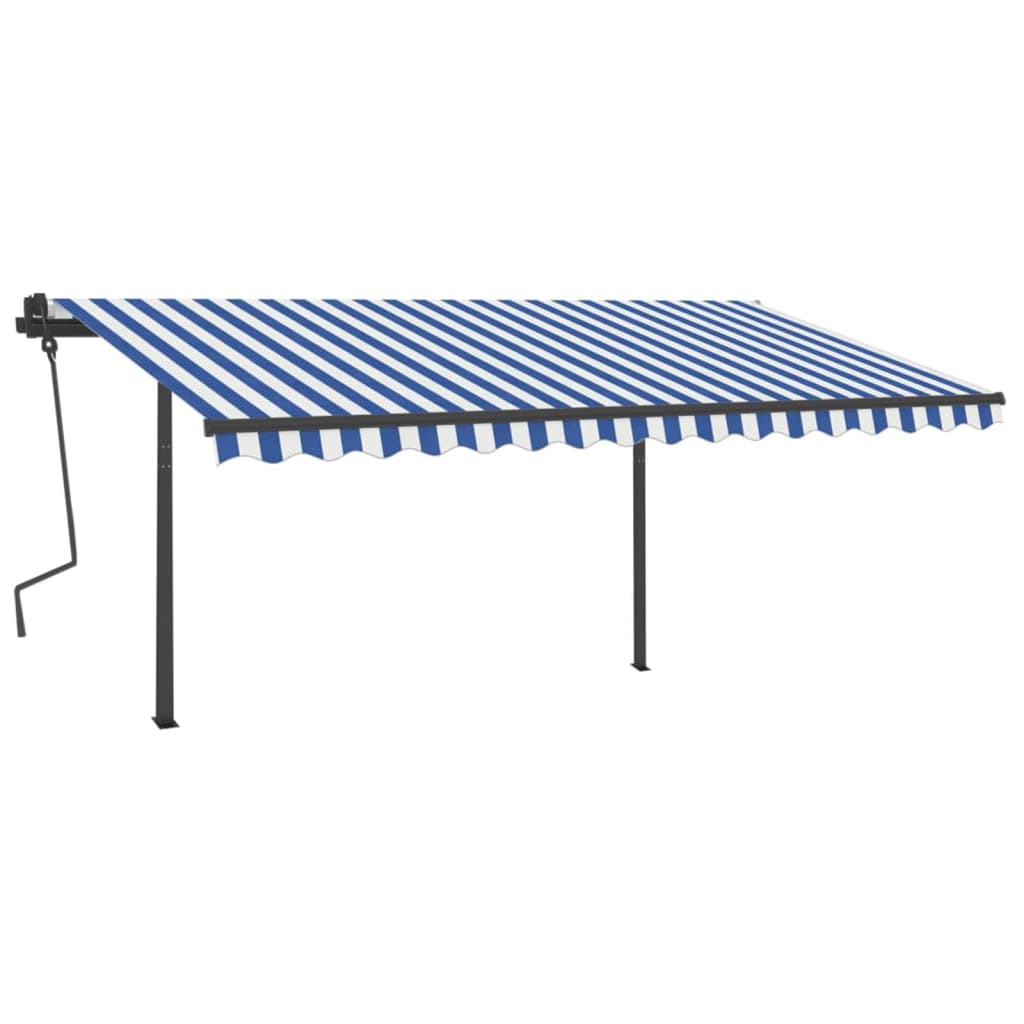 Copertină retractabilă automat, cu stâlpi albastru și alb 4x3 m