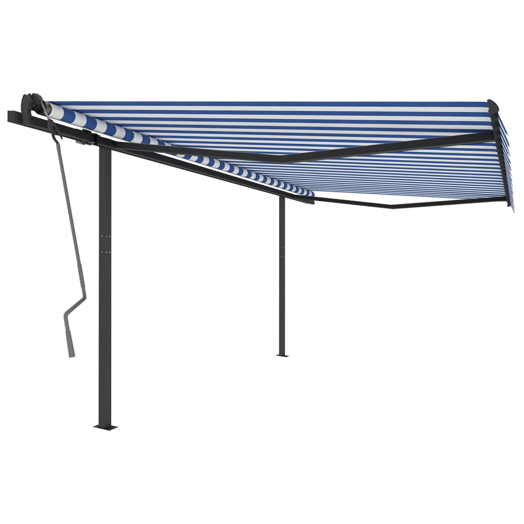 Copertină retractabilă automat, cu stâlpi albastru și alb 4x3 m