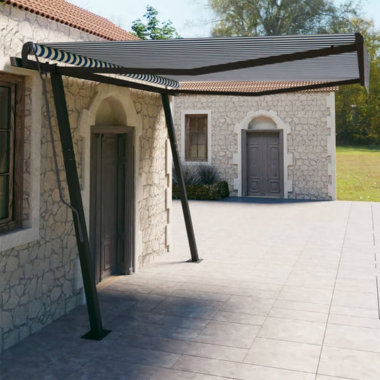 Copertină retractabilă automat, cu stâlpi albastru și alb 4x3 m