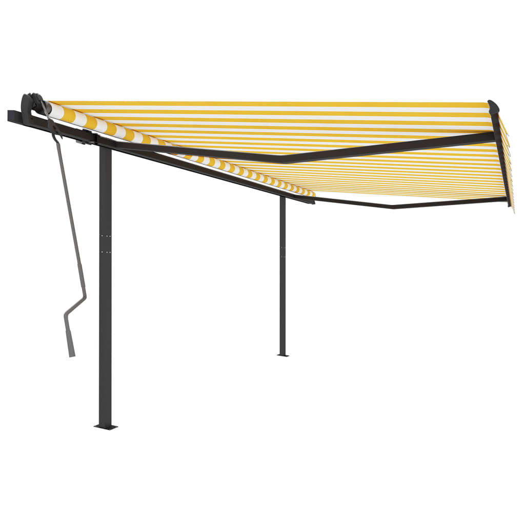 Copertină retractabilă automat, cu stâlpi galben și alb, 4x3 m