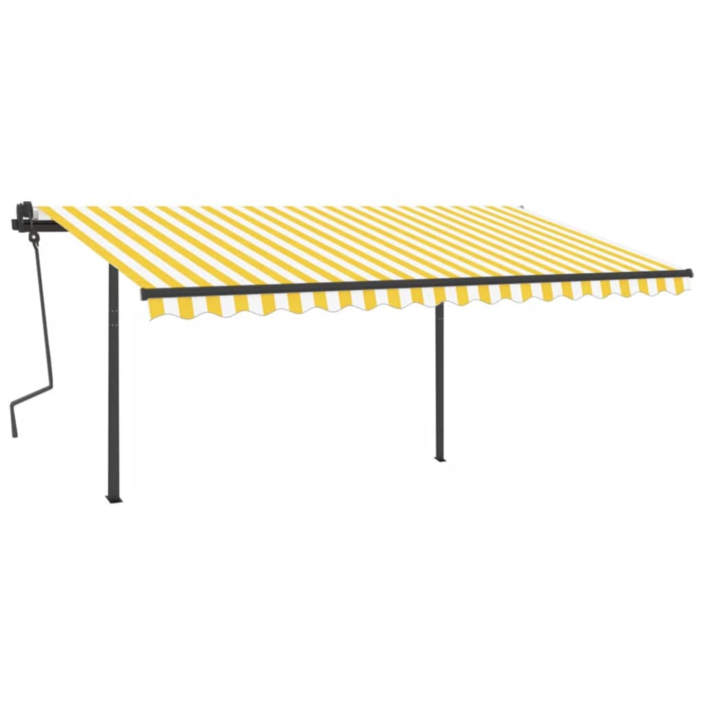 Copertină retractabilă automat, cu stâlpi galben și alb, 4x3 m