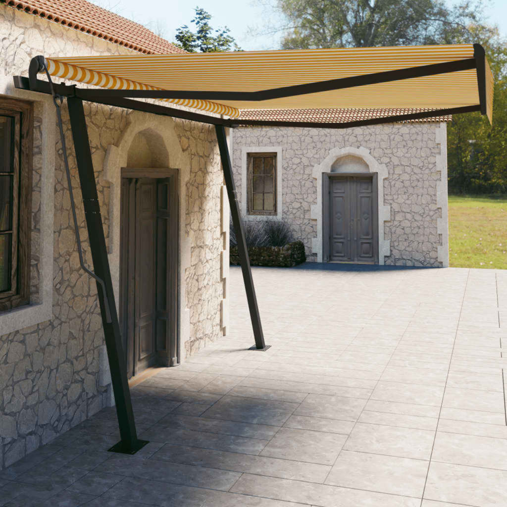 Copertină retractabilă automat, cu stâlpi galben și alb, 4x3 m