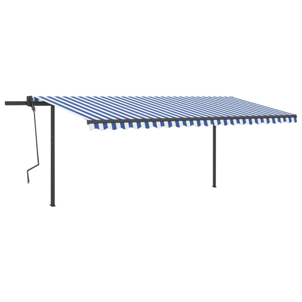 Copertină retractabilă manual, cu stâlpi, albastru & alb, 5x3 m