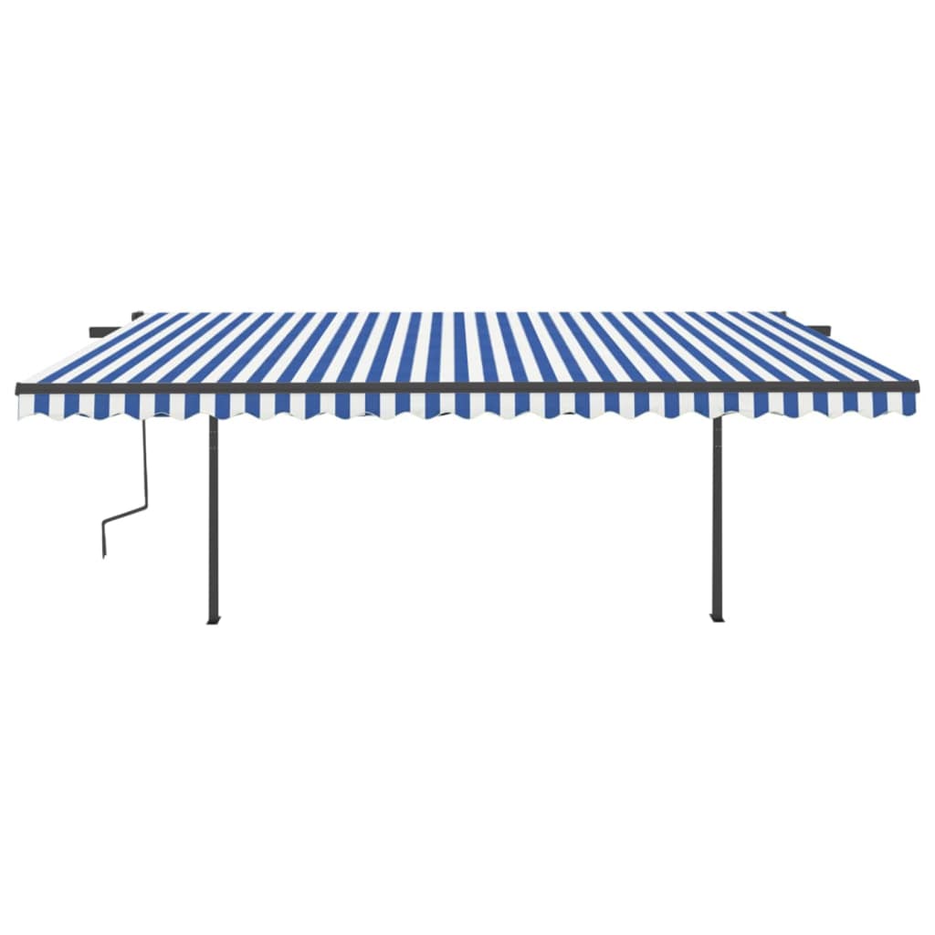 Copertină retractabilă manual, cu stâlpi, albastru & alb, 5x3 m