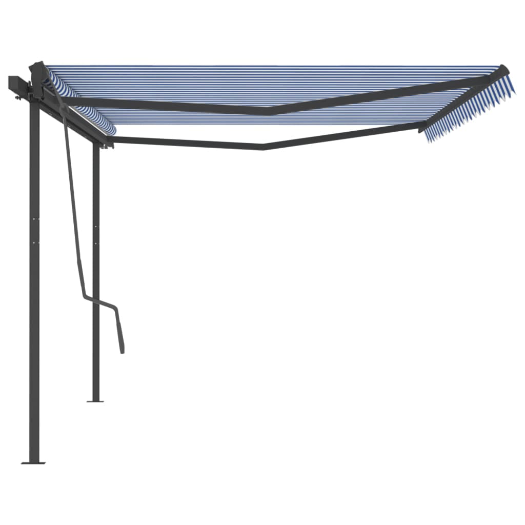 Copertină retractabilă manual, cu stâlpi, albastru & alb, 5x3 m