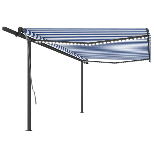 Copertină retractabilă manual, cu LED, albastru & alb, 5x3 m