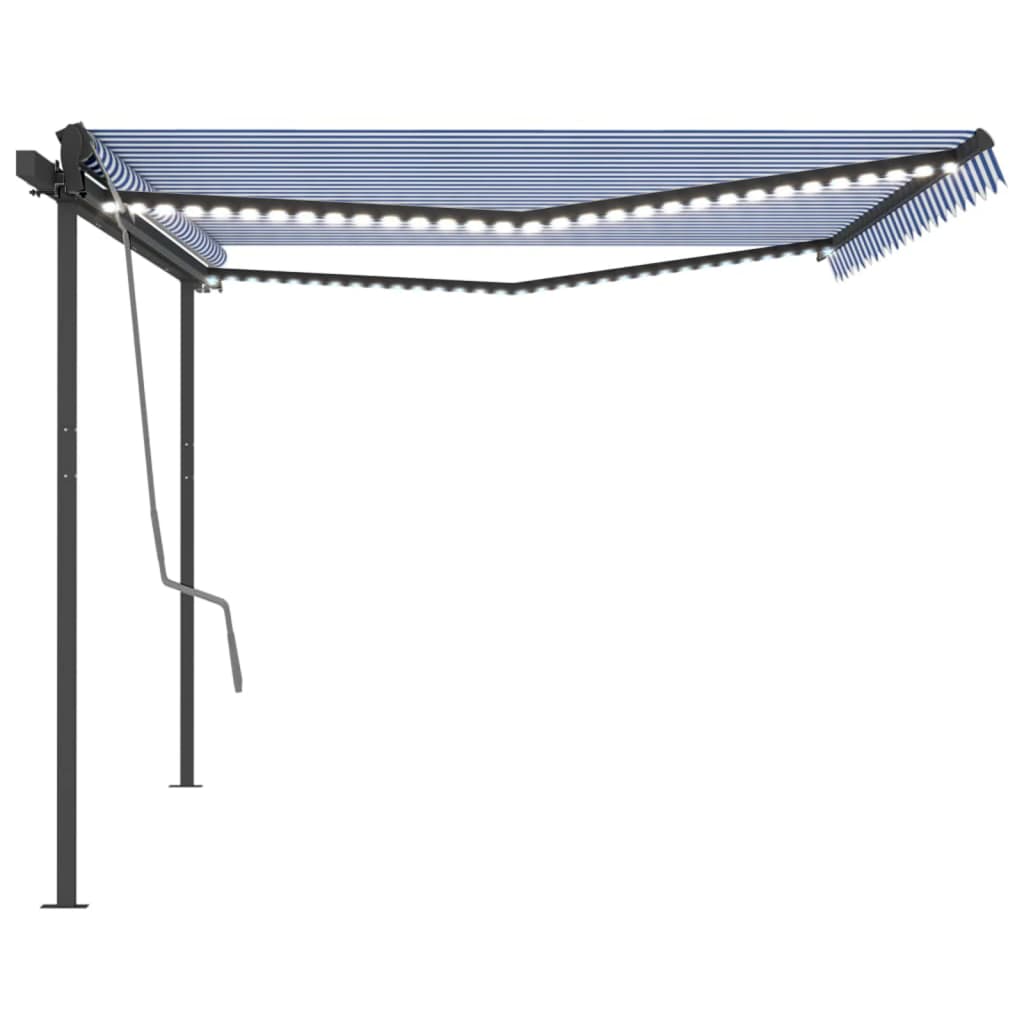 Copertină retractabilă manual, cu LED, albastru & alb, 5x3 m