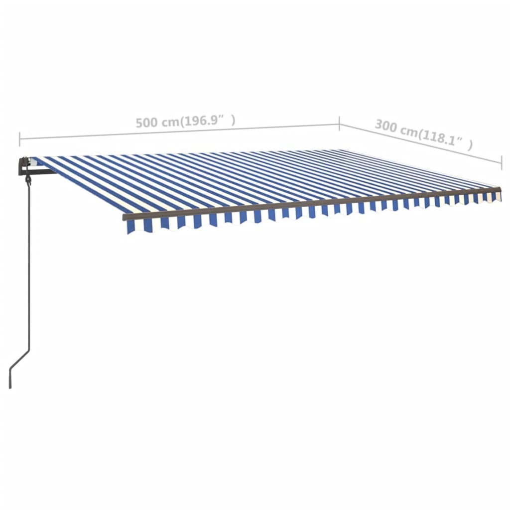 Copertină retractabilă manual, cu LED, albastru & alb, 5x3 m